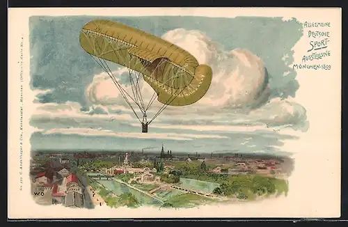 Lithographie Ganzsache Bayern PP15C12: München, Allgemeine Deutsche Sport-Ausstellung 1899, Teilansicht mit Fesselballon