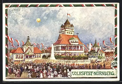 Künstler-AK Ganzsache Bayern PP15C145: Nürnberg, Volksfest 1908, Gut besuchter Festplatz