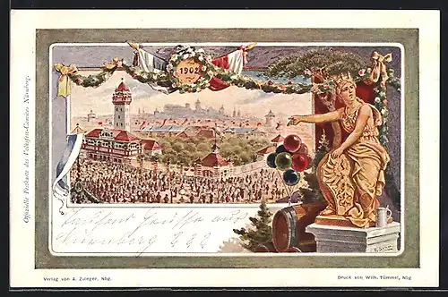 Künstler-AK Ganzsache Bayern PP15C42 /02: Nürnberg, Volksfest 1902, Gelände aus der Vogelschau