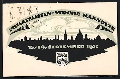 Künstler-AK Ganzsache PP61C4 /03: Hannover, Philatelisten-Woche 1922, Stadtpanorama im Scherenschnitt