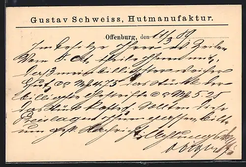 Vorläufer-AK Offenburg, 1889, Hutmanufaktur Gustav Schweiss, Ganzsache