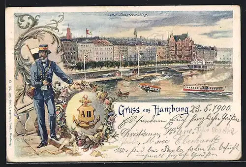 Lithographie Ganzsache PP9F44 /07: Hamburg-Neustadt, Dampfer am Jungfernstieg, Seemann in Uniform