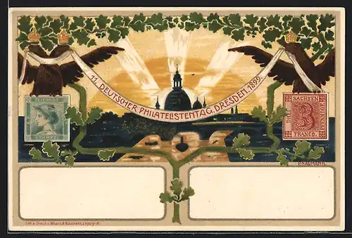 Lithographie Ganzsache PP9C108: Dresden, 11. Deutscher Philatelistentag 1899, Briefmarken