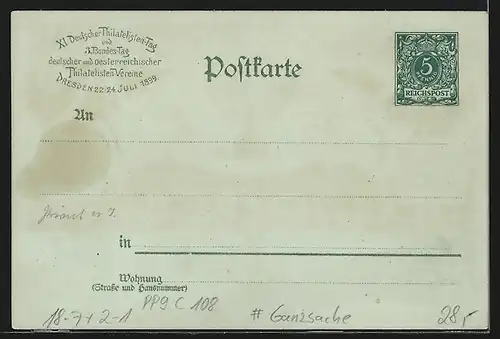 Lithographie Ganzsache PP9C108: Dresden, 11. Deutscher Philatelistentag 1899, Briefmarken