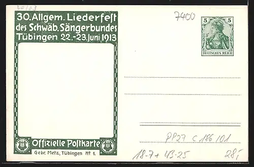 Künstler-AK Ganzsache PP27C186 /01: Tübingen, 30. Allg. Liederfest des Schwäb. Sängerbundes 1913