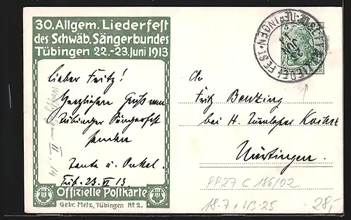 Künstler-AK Ganzsache PP27C186 /02: Tübingen, 30. Allgemeines Liederfest des Schwäb. Sängerbundes 1913