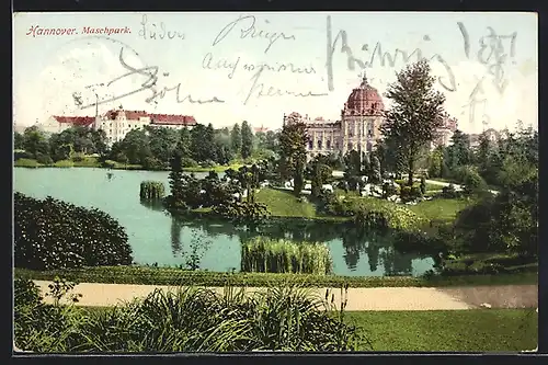 AK Ganzsache PP27C198 /014: Hannover, XXV. Deutscher Philatelistentag 1913, Blick in den Maschpark