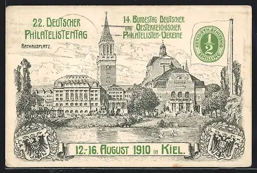 Künstler-AK Ganzsache PP27C117 /04: Kiel, 22. Deutscher Philatelistentag 1910, Rathausplatz