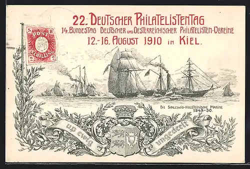 Künstler-AK Ganzsache PP23C12 /01: Kiel, 22. Deutscher Philatelistentag 1910, Die Schleswig-Holsteinische Marine