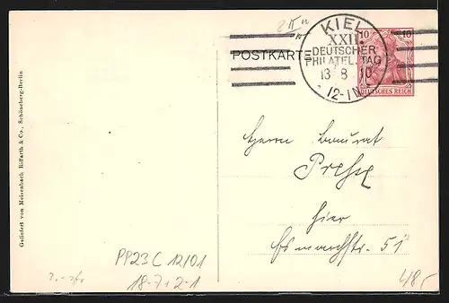 Künstler-AK Ganzsache PP23C12 /01: Kiel, 22. Deutscher Philatelistentag 1910, Die Schleswig-Holsteinische Marine