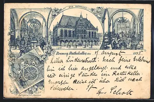 Vorläufer-Lithographie Bremen, 1895, Gasthaus Rathskeller, Innenansichten, Rathaus