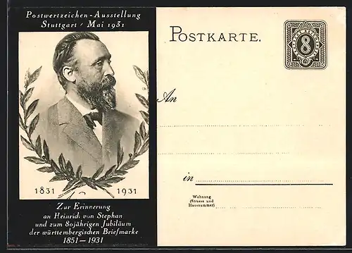 AK Stuttgart Postwertzeichen-Ausstellung 1931, Heinrich von Stephan, Ganzsache