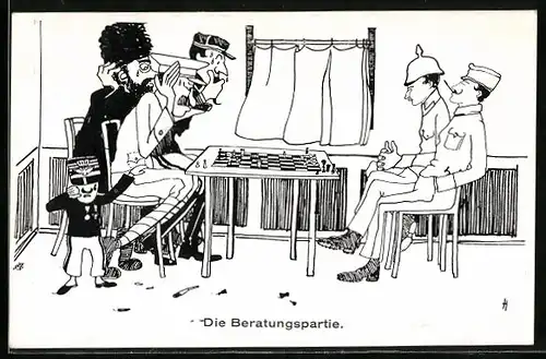 Künstler-AK Deutscher und österreichischer Soldat spielen Schach gegen die Alliierten