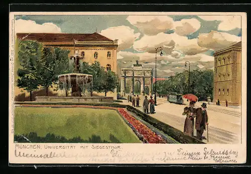 Künstler-Lithographie Paul Hey: München, Universität mit Siegestor und Strassenbahn