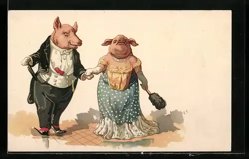Künstler-AK Schweine in eleganter Kleidung