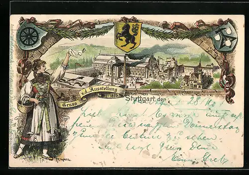 Lithographie Stuttgart, Ausstellung 1896, Messegelände und Stadtwappen