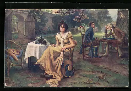 Künstler-AK Männer spielen im Garten Schach, Dame mit Hut sitzt am Nebentisch