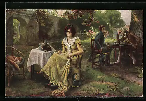 Künstler-AK Dame in Gedanken, Männer beim Schachspiel