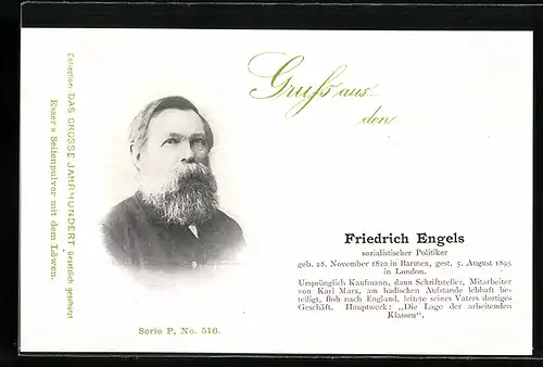 AK Portrait von Friedrich Engels, sozialistischer Politiker, Arbeiterbewegung