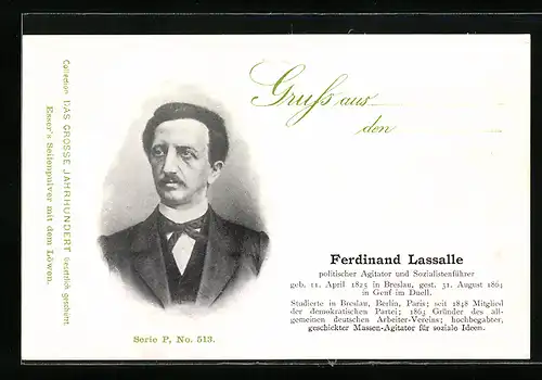 AK Ferdinand Lasalle, politischer Agitator und Sozialistenführer, gestorben 1864 im Duell in Genf