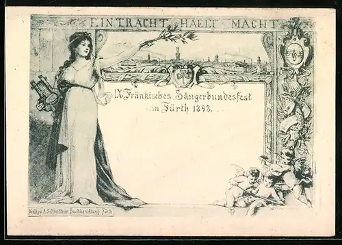 Künstler-AK Fürth, IX. Fränkisches Sängerbundesfest 1898, Frau mit Harfe, Ortsansicht