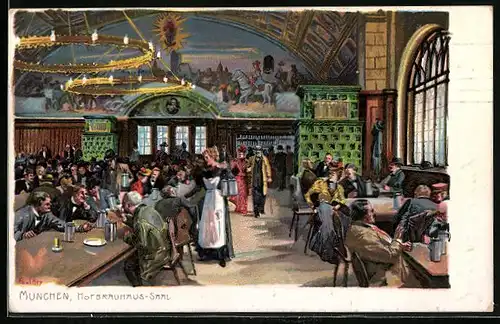 Künstler-Lithographie Paul Hey: München, Gäste im Saal des Hofbräuhauses