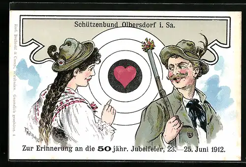 Künstler-AK Olbersdorf i. Sa., 50 jähr. Jubelfeier des Schützenbundes 1912, Herz-Zielscheibe