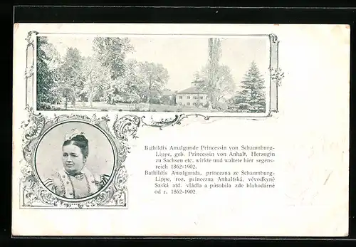 AK Porträt Prinzessin Bathildis Amalgunde von Schaumburg-Lippe, Blick zum Schloss