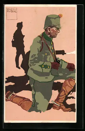 Künstler-AK sign. Emil Huber: Schweizer Felduniform, 2. Infanterie-Mitrailleure, Lieutenant