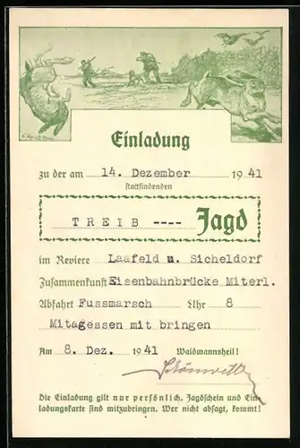 Künstler-AK Jagdeinladung im Revier Laafeld u. Sicheldorf 1941
