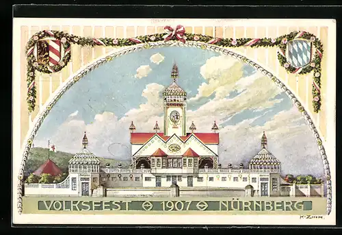 Künstler-AK Ganzsache Bayern PP15C131 /01: Nürnberg, Volksfest 1907 - Festgebäude, Wappen