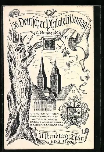 Künstler-AK Ganzsache PP106C2 /01: Altenburg i. Thür., 36. Deutscher Philatelistentag und 7. Bundestag 1930