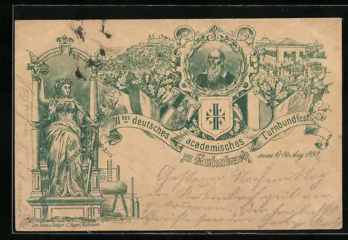 Lithographie Ganzsache Bayern PP7C20 /2: Kulmbach, 2. deutsches academisches Turnbundfest 1897, Turnvater Jahn