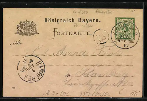 Lithographie Ganzsache Bayern PP7C20 /2: Kulmbach, 2. deutsches academisches Turnbundfest 1897, Turnvater Jahn