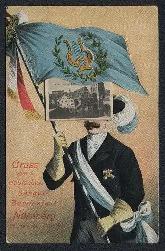 Leporello-AK Nürnberg, 8. deutsches Sänger-Bundesfest 1912, hinter der Fahne Frauenkirche, Dürerhaus, Burg