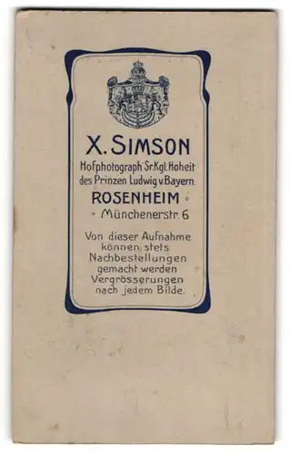 Fotografie X. Simon, Rosenheim, Münchenerstr. 6, Wappen der kgl. Hoheit Prinz Ludwig von Bayern über Ateliers Anschrift