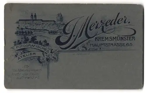 Fotografie J. Merzeder, Kremsmünster, das Kloster Stift Kremsmünster nebst Anschrift des Ateliers