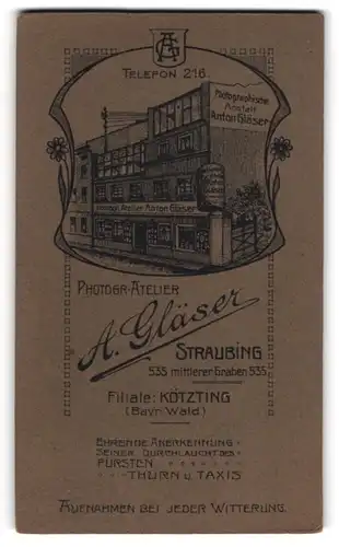 Fotografie A. Gläser, Straubing, mittlerer Graben 535, Ansicht Straubing, Front des Ateliers mit Schaufenster, Monogramm