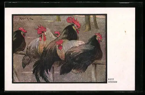 Künstler-AK Hühner auf einer Stange in parkähnlicher Landschaft