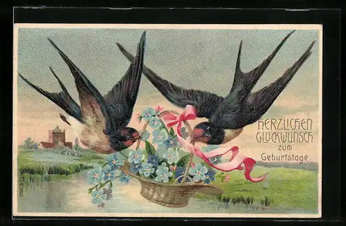 Präge-AK Zwei Schwalben mit Blumenkorb, Geburtstagsgruss
