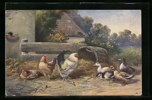 Künstler-AK Alfred Schönian: Hühner und Enten auf einem Bauernhof