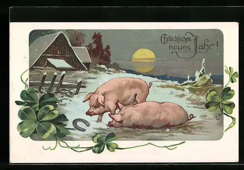 AK Zwei Schweine mit Hufeisen bei Sonnenuntergang, Neujahrsgruss