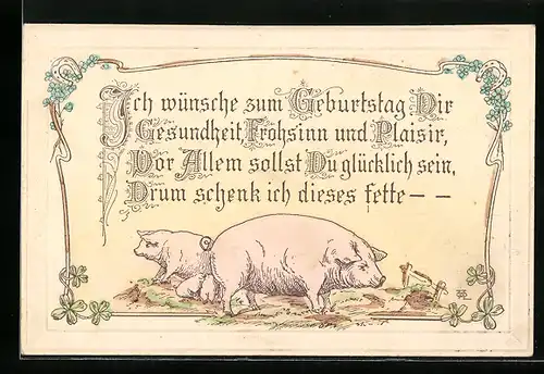 AK Zwei Schweine, Reim, Geburtstagsgruss