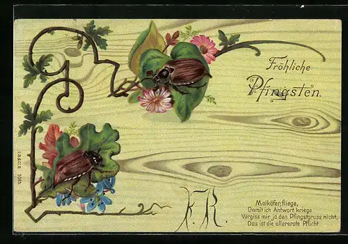 Lithographie Maikäfer auf Blättern, Pfingstgruss
