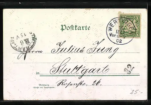 Lithographie Maikäfer auf Blättern, Pfingstgruss