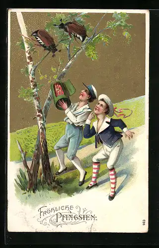 AK Zwei Knaben beim Fangen von Maikäfern, Pfingstgruss