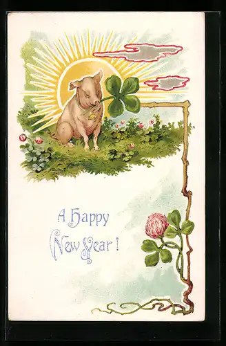 AK Schwein mit Glücksklee im Rüssel, Jugendstil