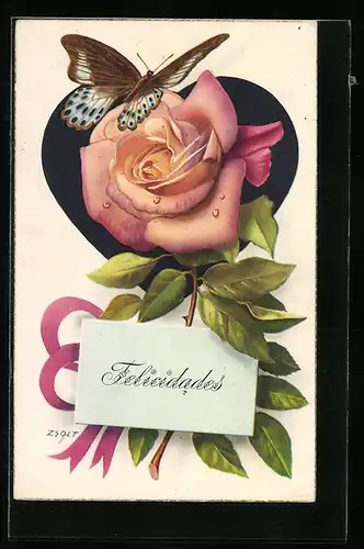 AK Schmetterling auf einer Rose