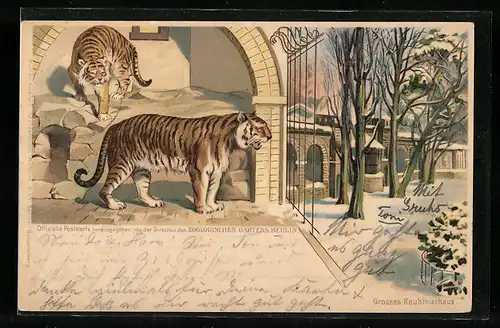 Lithographie Berlin, Zoologischer Garten, Grosses Raubtierhaus mit Tiger