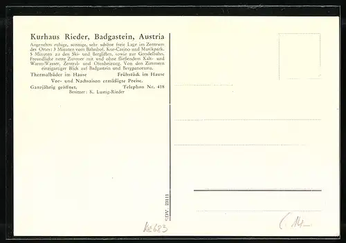 Künstler-AK Badgastein, Kurhaus Rieder, Bes. K. Lustig-Rieder